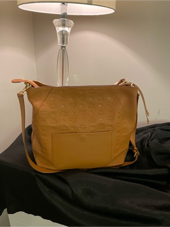 MCM Handbags - MCM Cognac Embossed Leather Shoulder Bag